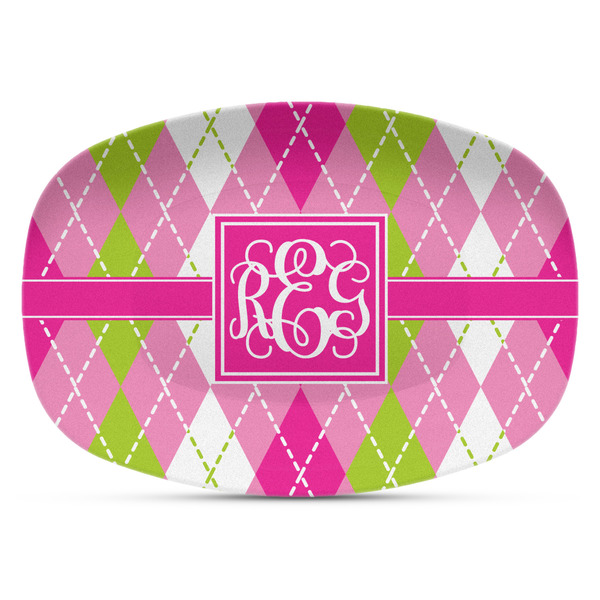 Custom Pink & Green Argyle Plastic Platter - Microwave & Oven Safe Composite Polymer (Personalized)