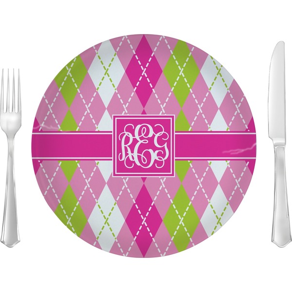 Custom Pink & Green Argyle 10" Glass Lunch / Dinner Plates - Single or Set (Personalized)