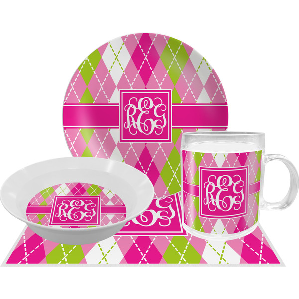 Pink & Green Argyle Dinner Set - 4 Pc (Personalized)