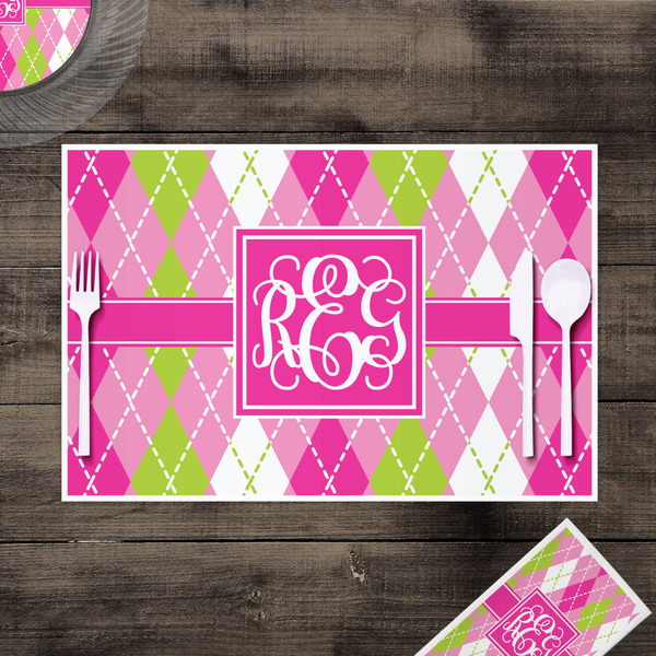 Pink & Green Argyle Disposable Paper Placemat - In Context