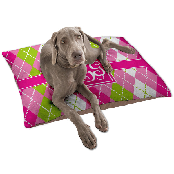 Custom Pink & Green Argyle Dog Bed - Large w/ Monogram
