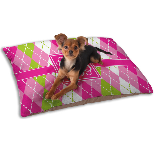 Custom Pink & Green Argyle Dog Bed - Small w/ Monogram