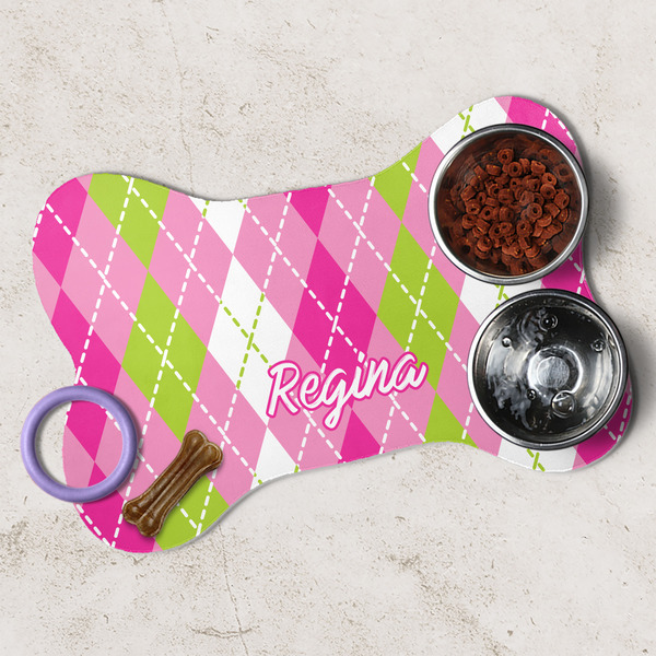 Pink & Green Argyle Dog Bone Shaped Mat Lifestyle