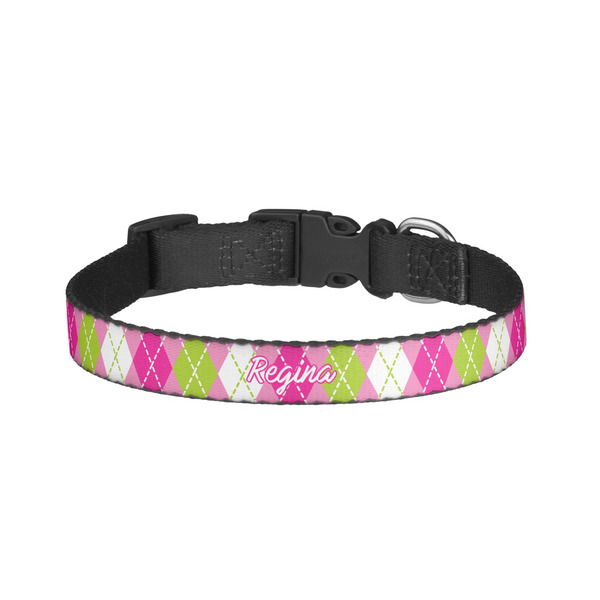Custom Pink & Green Argyle Dog Collar - Large (Personalized)