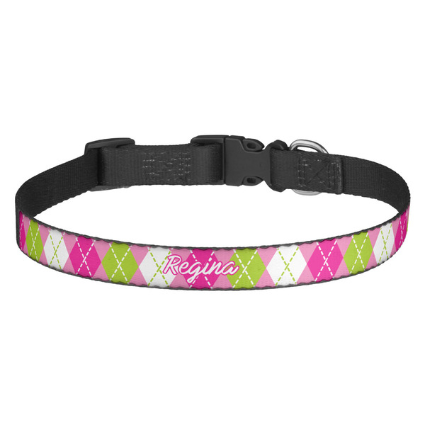 Custom Pink & Green Argyle Dog Collar - Medium (Personalized)