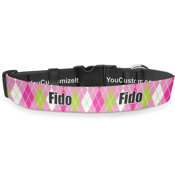Custom Pink & Green Argyle Deluxe Dog Collar - Double Extra Large (20.5" to 35") (Personalized)