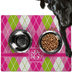 Pink & Green Argyle Dog Food Mat - Large w/ Monogram