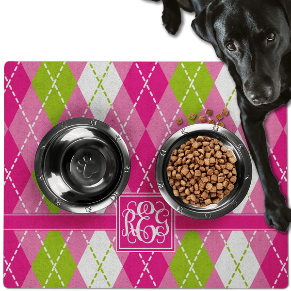 Custom Pink & Green Argyle Dog Food Mat - Large w/ Monogram