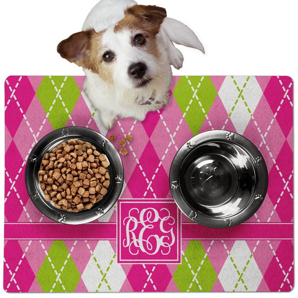 Custom Pink & Green Argyle Dog Food Mat - Medium w/ Monogram
