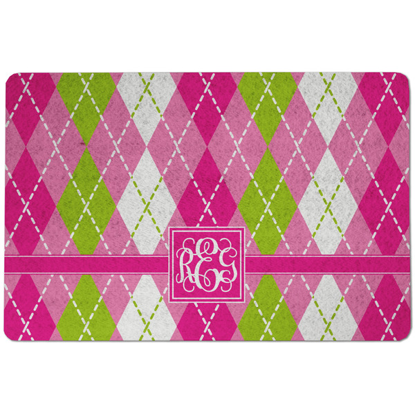 Custom Pink & Green Argyle Dog Food Mat w/ Monogram