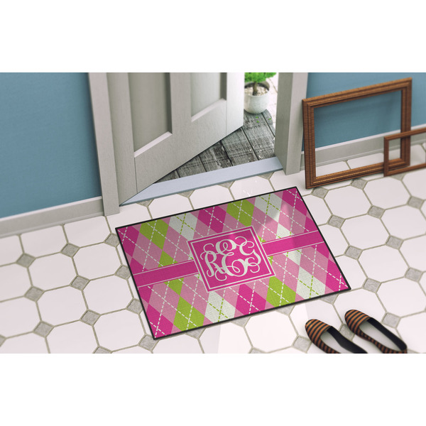 Pink & Green Argyle Door Mat Lifestyle
