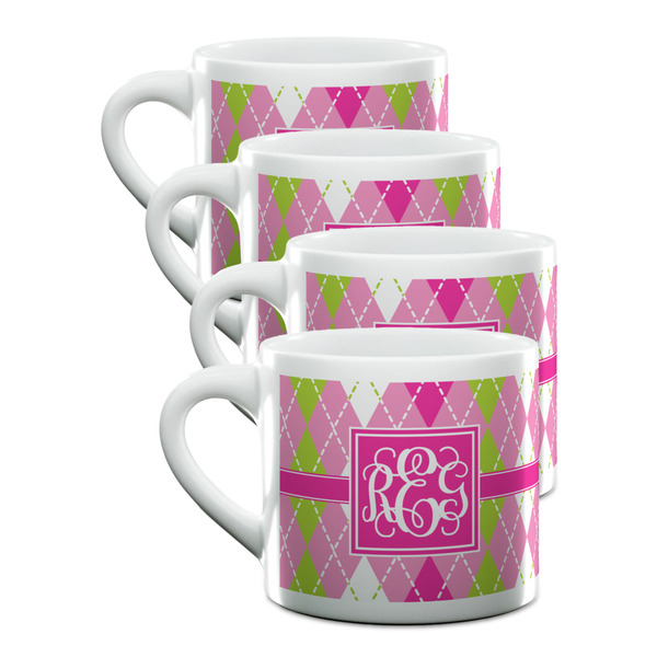 Custom Pink & Green Argyle Double Shot Espresso Cups - Set of 4 (Personalized)