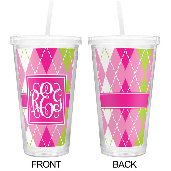 Pink & Green Argyle Double Wall Tumbler with Straw - Approval