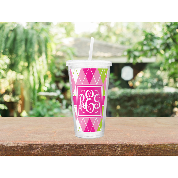 Pink & Green Argyle Double Wall Tumbler with Straw Lifestyle