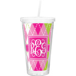 Pink & Green Argyle Double Wall Tumbler with Straw (Personalized)