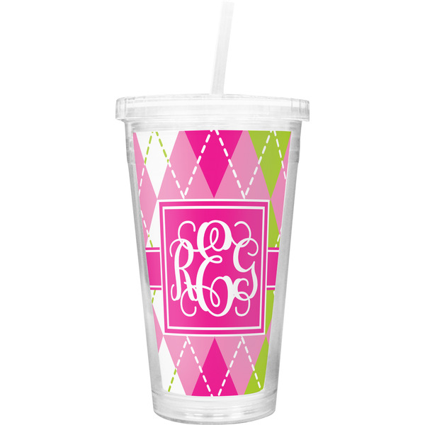 Custom Pink & Green Argyle Double Wall Tumbler with Straw (Personalized)