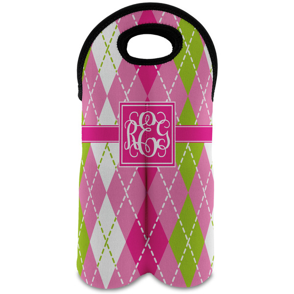 Custom Pink & Green Argyle Wine Tote Bag (2 Bottles) (Personalized)