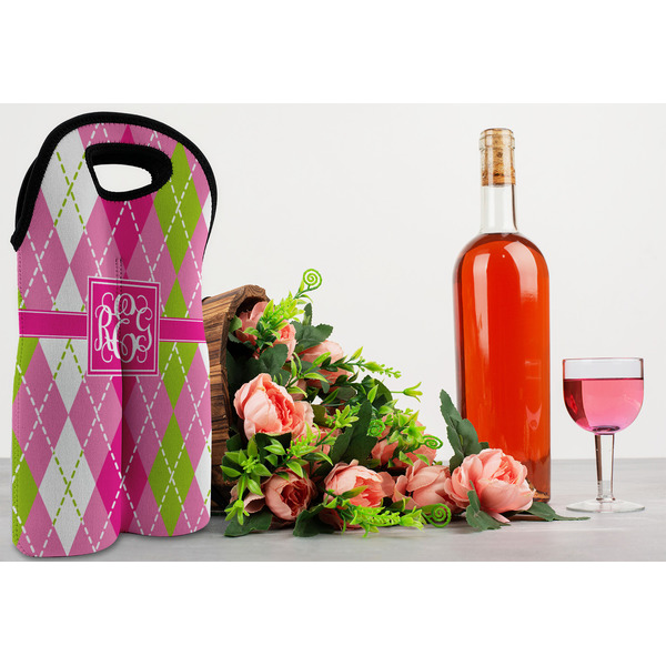 Pink & Green Argyle Double Wine Tote - LIFESTYLE (new)