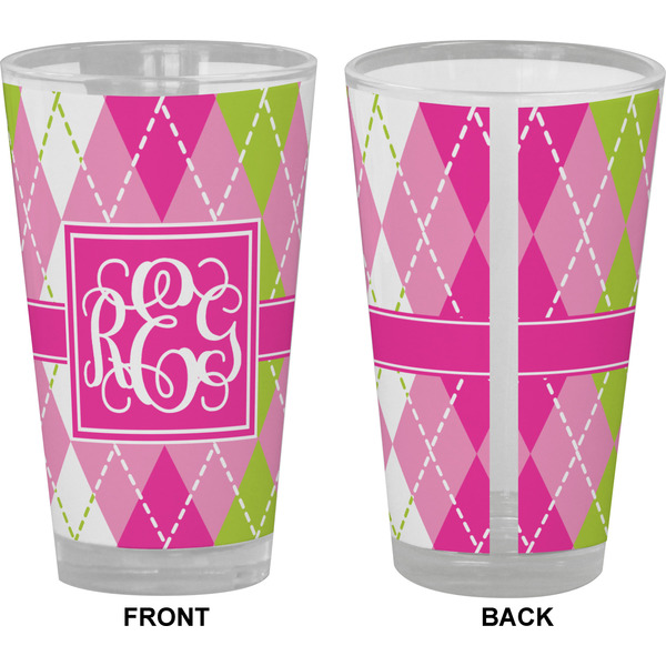 Pink & Green Argyle Pint Glass - Full Color - Front & Back Views
