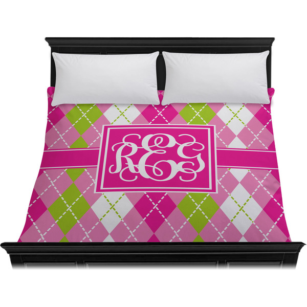 Pink & Green Argyle Duvet Cover - King - On Bed - No Prop