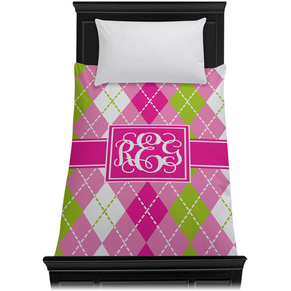 Pink & Green Argyle Duvet Cover - Twin XL - On Bed - No Prop