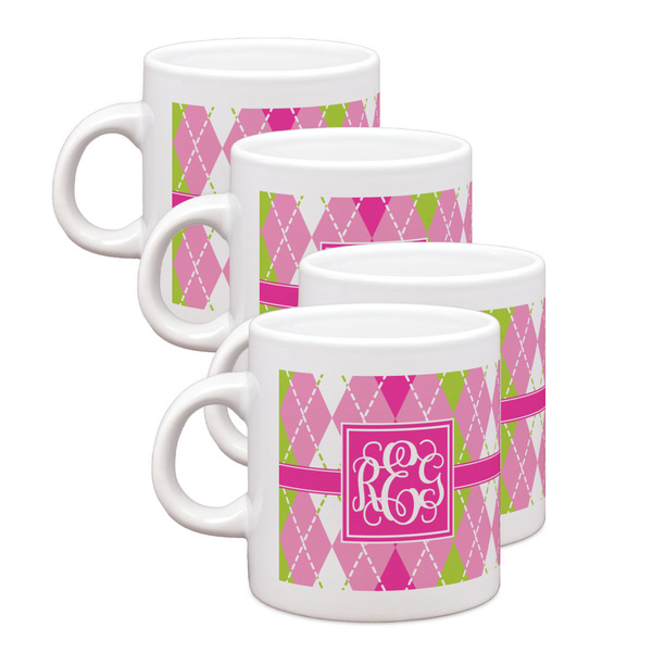 Custom Pink & Green Argyle Single Shot Espresso Cups - Set of 4 (Personalized)