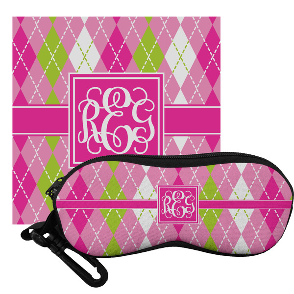 Custom Pink & Green Argyle Eyeglass Case & Cloth (Personalized)