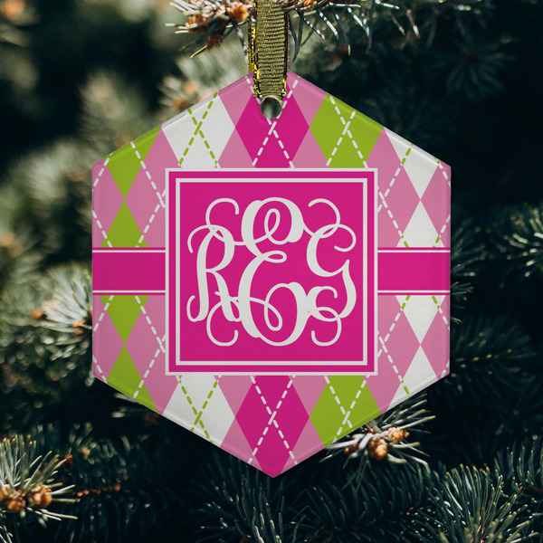 Pink & Green Argyle Frosted Glass Ornament - Hexagon (Lifestyle)