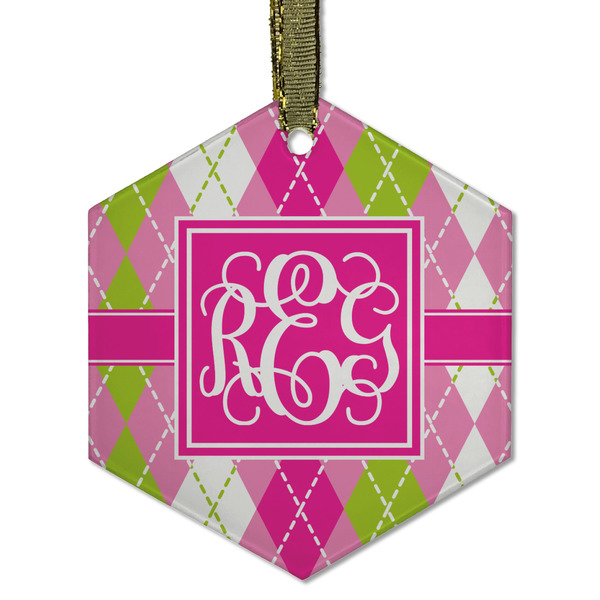 Custom Pink & Green Argyle Flat Glass Ornament - Hexagon w/ Monogram
