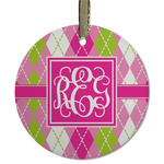 Pink & Green Argyle Flat Glass Ornament - Round w/ Monogram