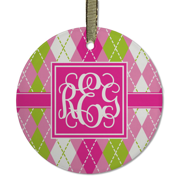 Custom Pink & Green Argyle Flat Glass Ornament - Round w/ Monogram