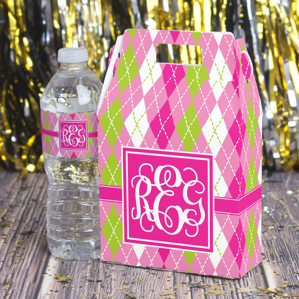 Pink & Green Argyle Gable Favor Box - In Context