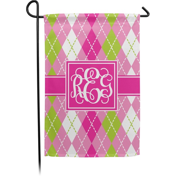 Custom Pink & Green Argyle Small Garden Flag - Double Sided w/ Monograms