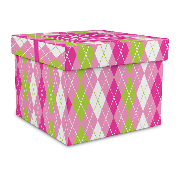 Custom Pink & Green Argyle Gift Box with Lid - Canvas Wrapped - Large (Personalized)