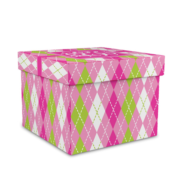 Custom Pink & Green Argyle Gift Box with Lid - Canvas Wrapped - Medium (Personalized)
