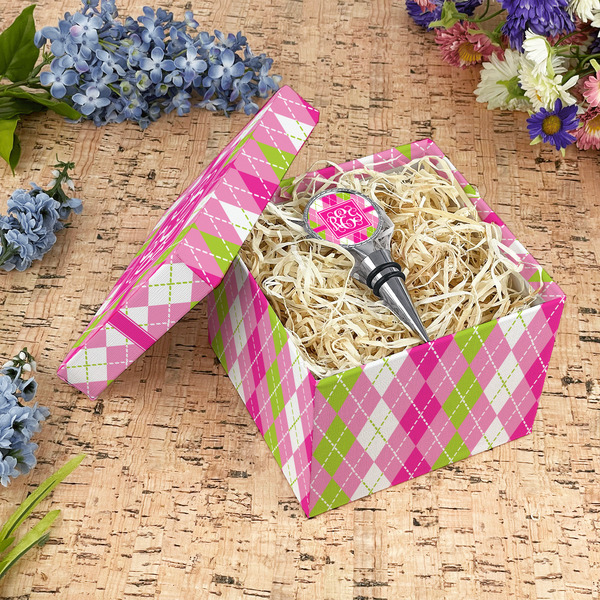 Pink & Green Argyle Gift Boxes with Lid - Canvas Wrapped - Medium - In Context