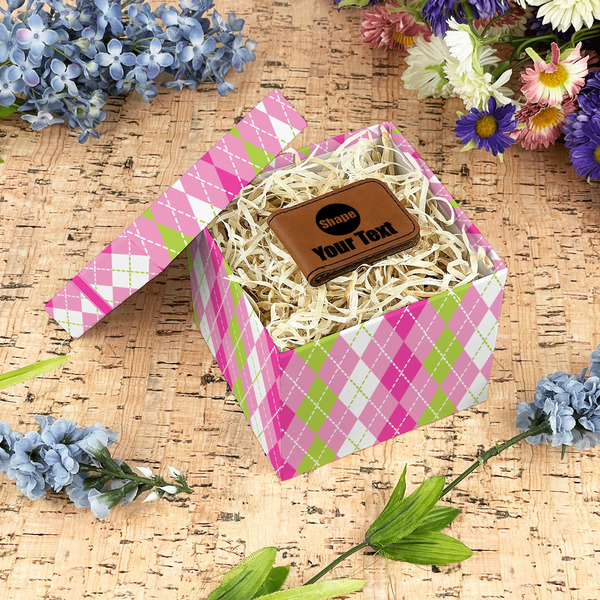 Pink & Green Argyle Gift Boxes with Lid - Canvas Wrapped - Small - In Context