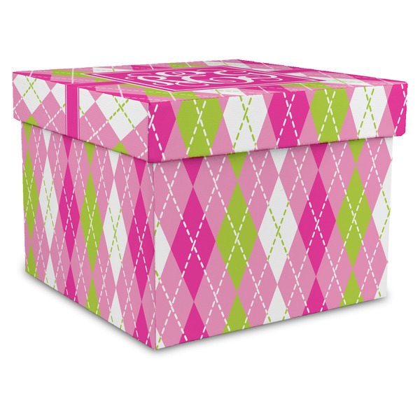 Custom Pink & Green Argyle Gift Box with Lid - Canvas Wrapped - XX-Large (Personalized)