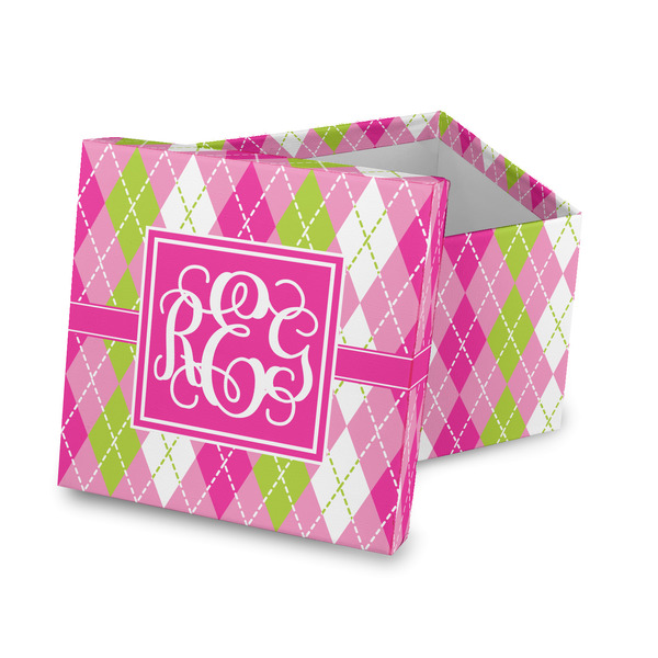 Custom Pink & Green Argyle Gift Box with Lid - Canvas Wrapped (Personalized)