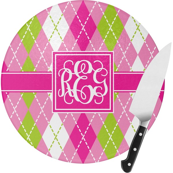 Custom Pink & Green Argyle Round Glass Cutting Board - Medium (Personalized)