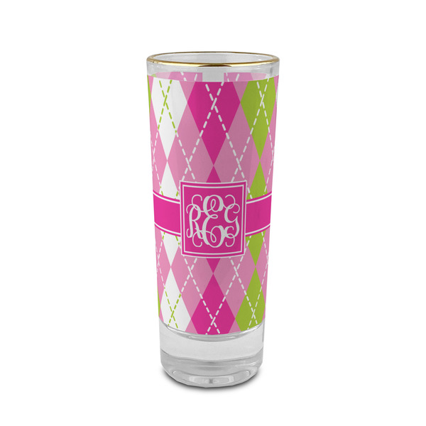 Custom Pink & Green Argyle 2 oz Shot Glass - Glass with Gold Rim (Personalized)