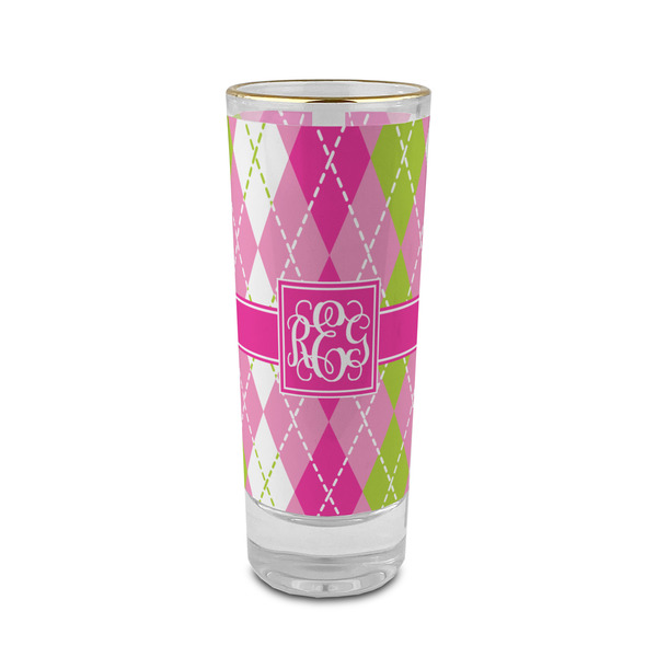 Custom Pink & Green Argyle 2 oz Shot Glass -  Glass with Gold Rim - Set of 4 (Personalized)
