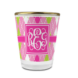 Pink & Green Argyle Glass Shot Glass - 1.5 oz - with Gold Rim - Single (Personalized)