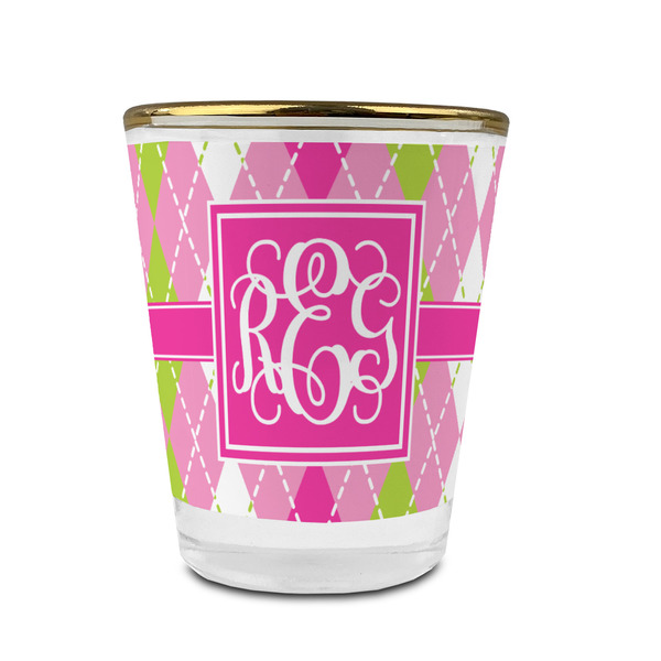 Custom Pink & Green Argyle Glass Shot Glass - 1.5 oz - with Gold Rim - Single (Personalized)