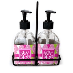 Pink & Green Argyle Glass Soap & Lotion Bottle Set (Personalized)
