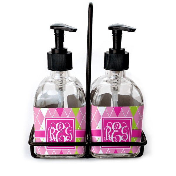 Custom Pink & Green Argyle Glass Soap & Lotion Bottle Set (Personalized)