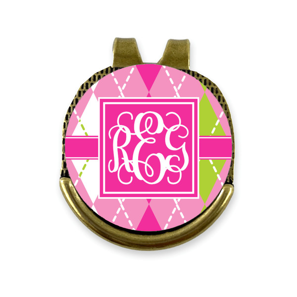 Custom Pink & Green Argyle Golf Ball Marker - Hat Clip - Gold