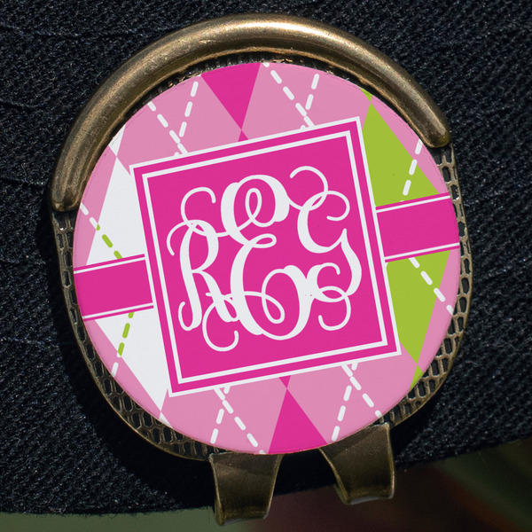 Pink & Green Argyle Golf Ball Marker Hat Clip - Gold - Close Up