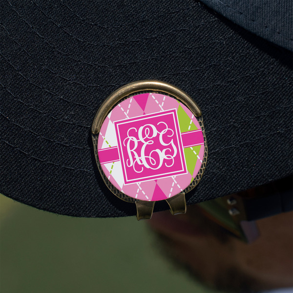 Pink & Green Argyle Golf Ball Marker Hat Clip - Gold - On Hat
