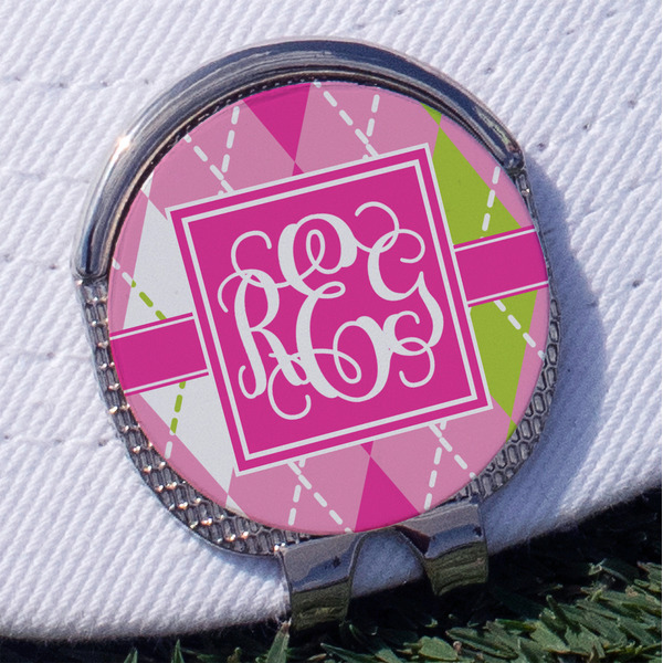 Custom Pink & Green Argyle Golf Ball Marker - Hat Clip